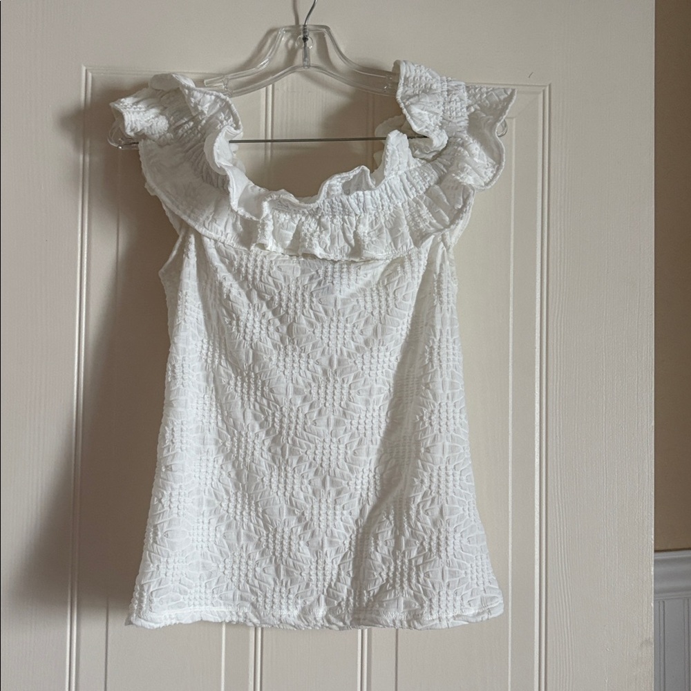 Maeve White Textured Ruffle Blouse, L